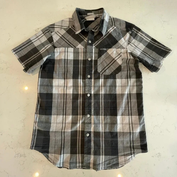 Columbia Short Sleeve Regular Fit Button Down Plaid Cotton Shirt Grey + Wht Sz S - Picture 1 of 12